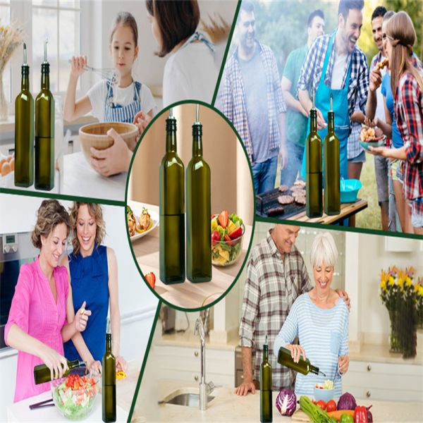 Glass Dark Green Kitchen Oil Bottle With Stainless Steel Spout Funnel Square 500ml 2pcs