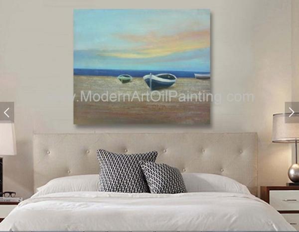 Navio decorativo moderno da pintura a óleo dos barcos no acrílico e na pintura a óleo da praia