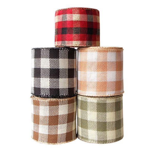 57mm Wired Edge Burlap Ribbon Gingham Burlap Ribbon Holiday Decorative Burlap Ribbon