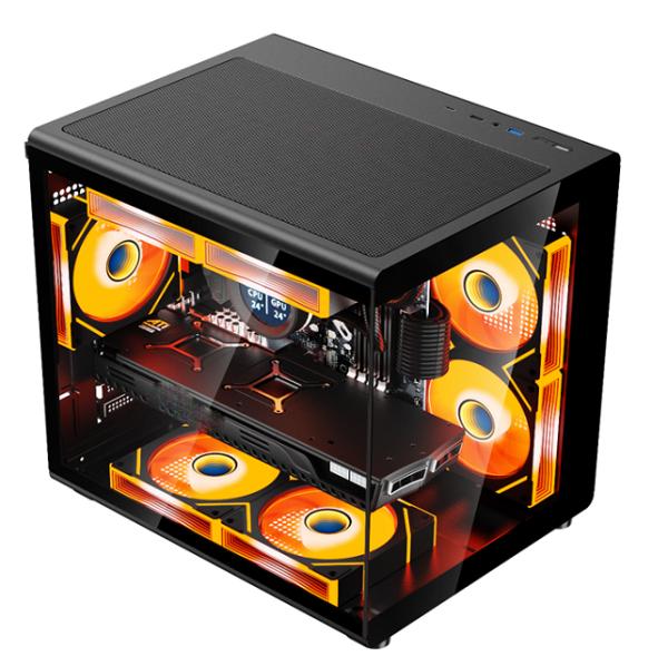 Boîtier d'ordinateur Micro 275m Full Tempered Glass ATX Mid-Tower, verre trempé intégral, 0.45-0.55 SPCC, HDD*1, SSD*2, Compatible MATX/ITX, Noir
