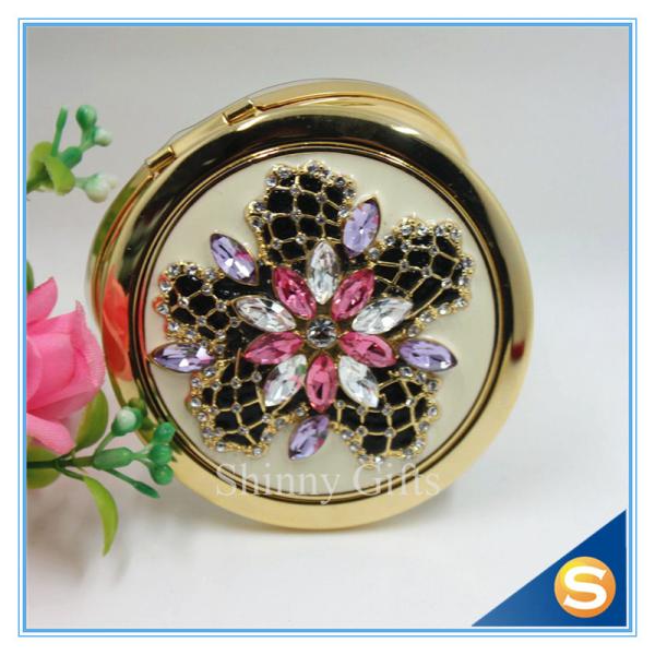 Shinny Gifts Luxury Rhinestone Flower Design Metal Compact Mirror Small Makeup Mirror For Girls Gift