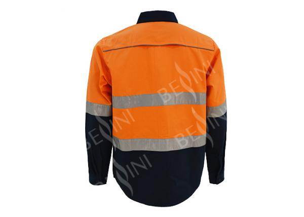 Men's 100%Cotton Twill Two Tone Orange/Navy Work Shirt Long Sleeve Mesh Back Patch Reflective Tape Chest Pockets