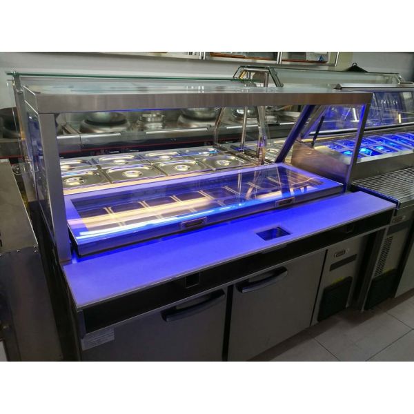 Blue Ray 2 Door Refrigerated Sandwich Prep Table With Glass Lid Fan Cooling / Commercial Salad Bar Refrigerator Freezer
