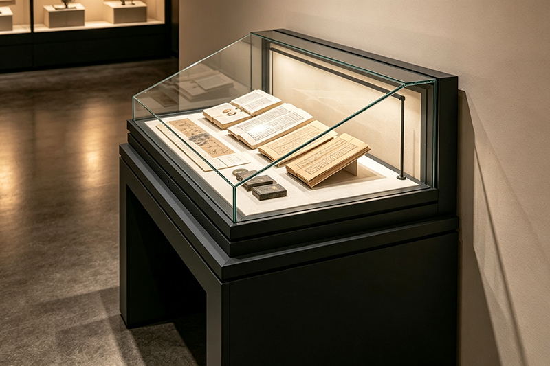 Custom Gas-Strut Hydraulic Lift Museum Display Case with Anti-Glare Low-Iron Glass Lid and Adjustable Acrylic Book Cradles
