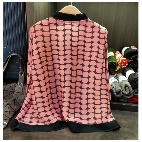 Women's Chic Printed Pleated Chiffon Top Beautiful Lace Stand-Up Collar Three-Quarter Sleeve Loose Casual Outerwear for