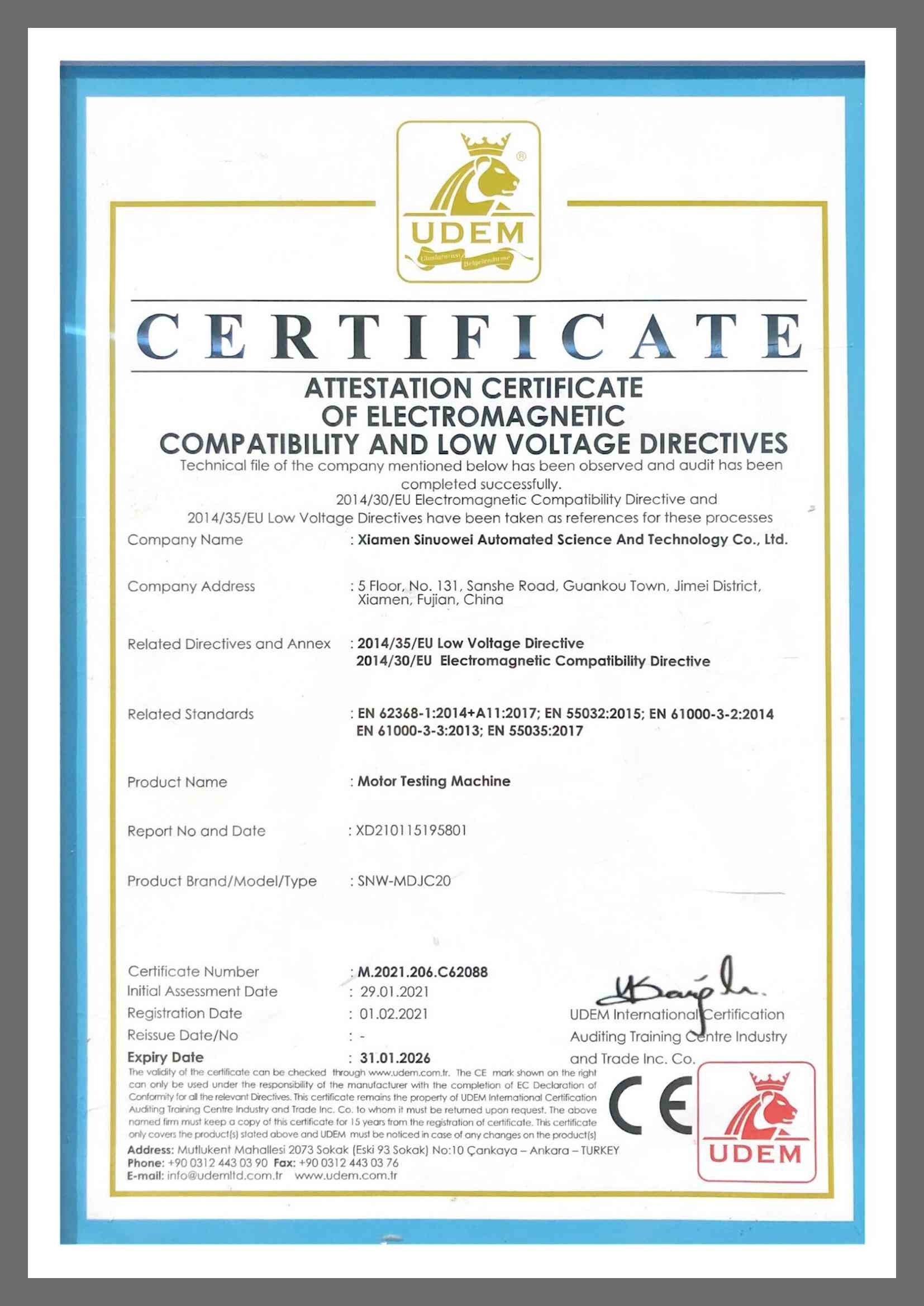 Xiamen Sinuowei Automated Science And Technology Co., Ltd. Сертификации