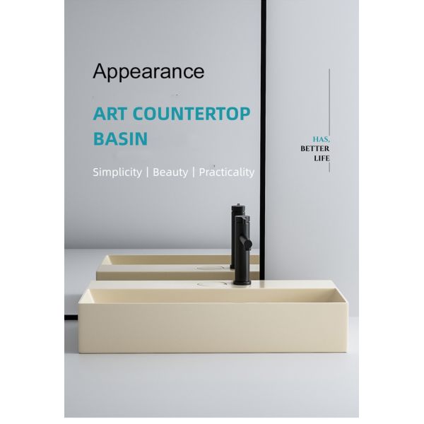 Concealed Drainage Control Ceramic Counter Top Wash Basin Creamy Toned