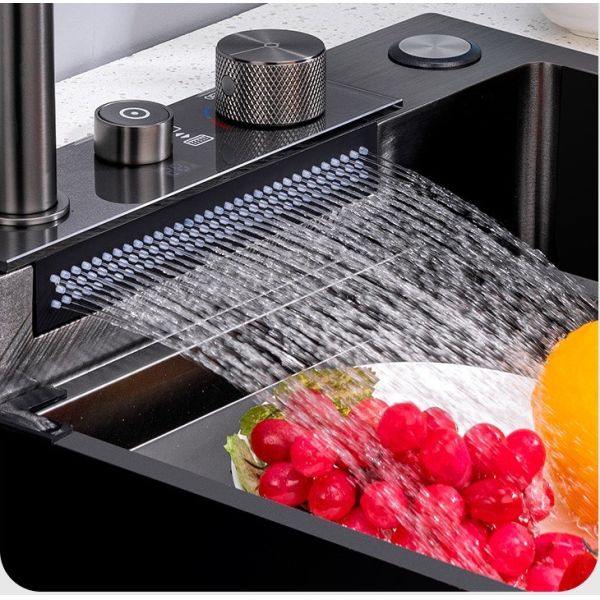 Grey 75*45 Single Bowl Countertop Undermount SUS304 Kitchen Sink with Rainfall Faucet Pull-Out Sprayer