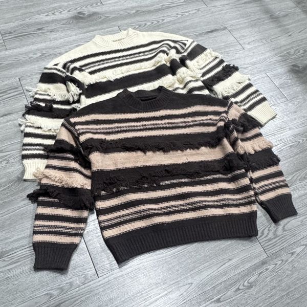 Wholesale Brushed Striped Streetwear High Quality Retro Round Neck Autumn and Winter Thick  Knitted Plus Size Women'S Sweater