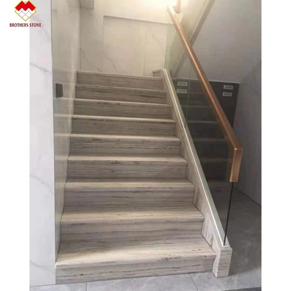 Wooden Veins White Marble Staircase LED Customized Size Step Tiles for Straight Stair
