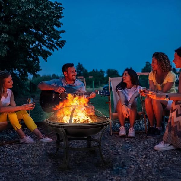 Round Steel Wood Burning Fire Pit for Outdoor Garden and Backyard Barbecue Grill