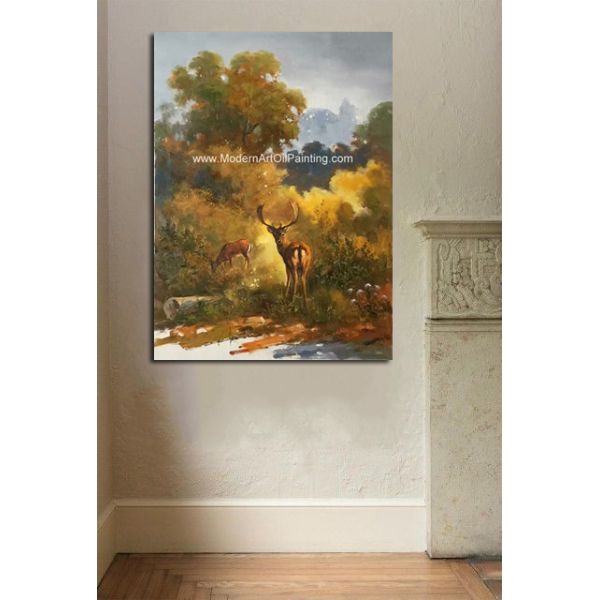 Картина написанная маслом животного сала холста классическая, 2 оленя обрамила искусство 24