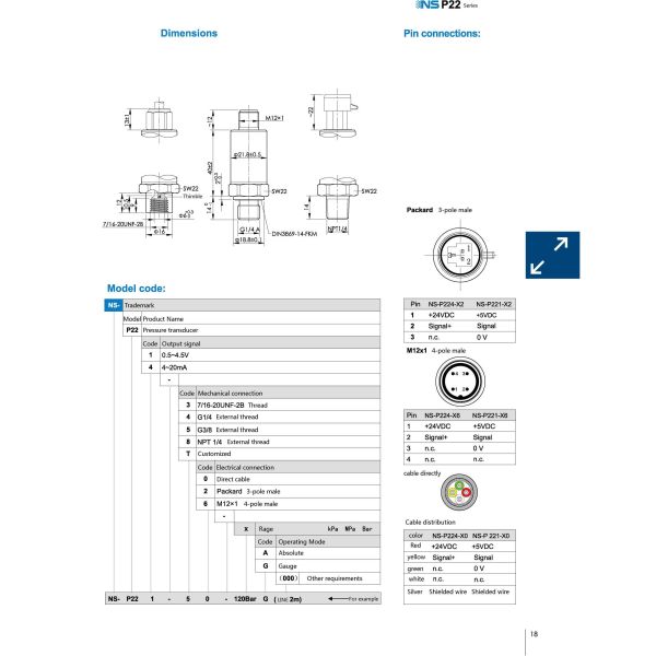 NS-P22 Series Pressure Sensor 4mA To 20mA AC Pressure Transmitter RoHs