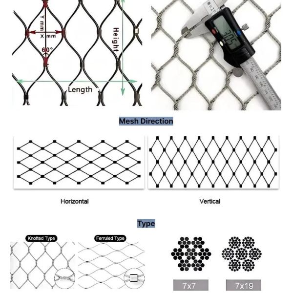 304 Stainless Steel Wire Flexible Cable Rope X-Type Infill Rope Mesh Balustrade Protective Net for Handrail/Railing/Staircase/Balcony/Garden/Decorative Building