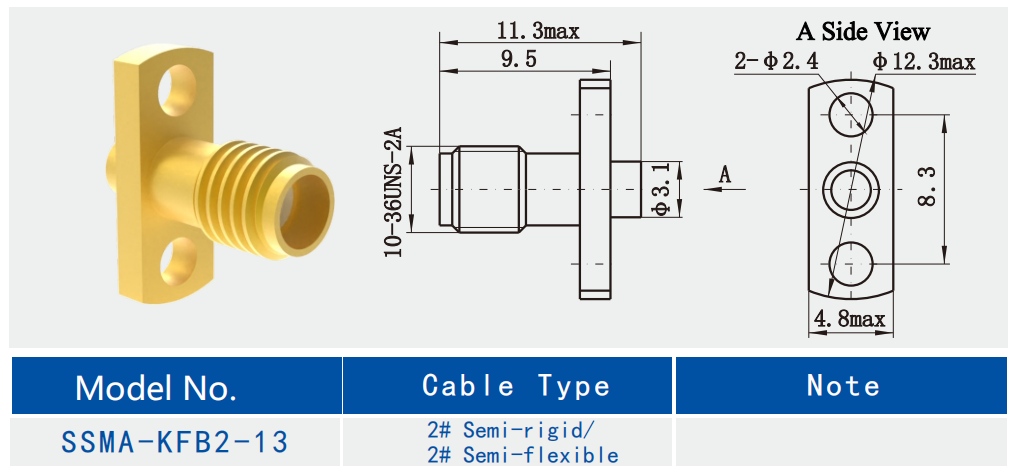 Gold Plated SSMA Female 2-hole Flange RF Connector For 2#Semi-rigid / Semi-flexible Cable
