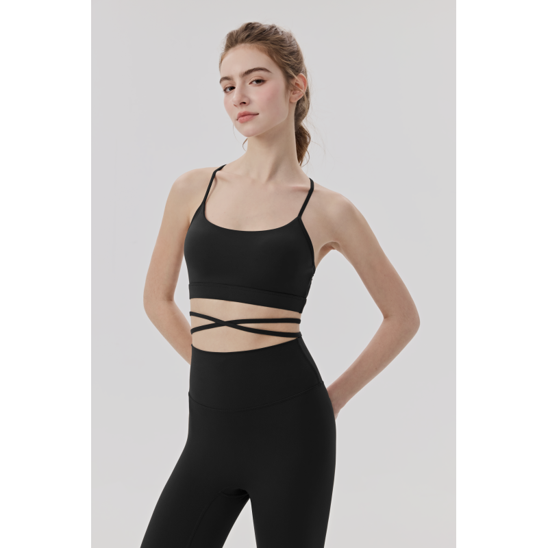 Black Crisscross Strap Sports Bra for Yoga and Fitness, Breathable Nylon Blend Activewear Top