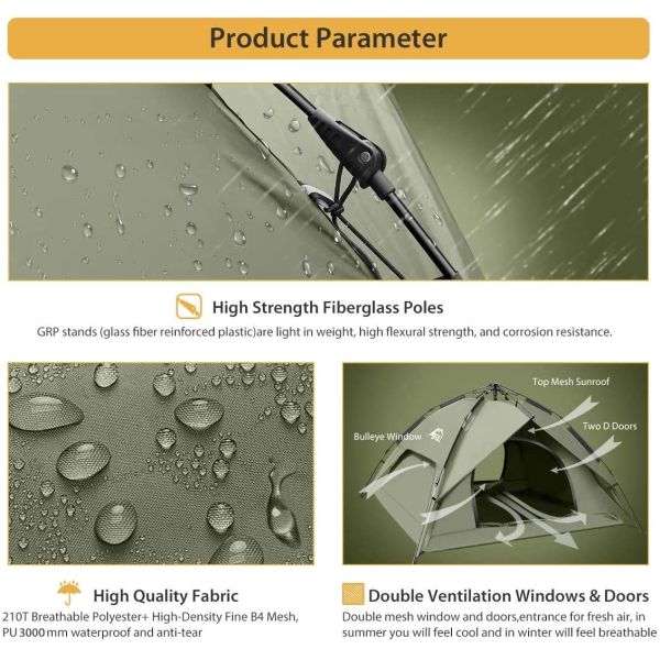 7.4lbs Waterproof Dome Pop Up Camping Tent For Family