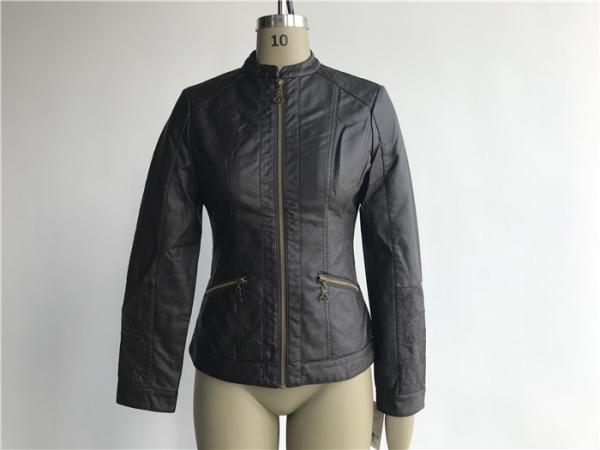 Chocolate Womens Pu Leather Coat Pleather Jacket With Embroidery / Ingot Tw75839