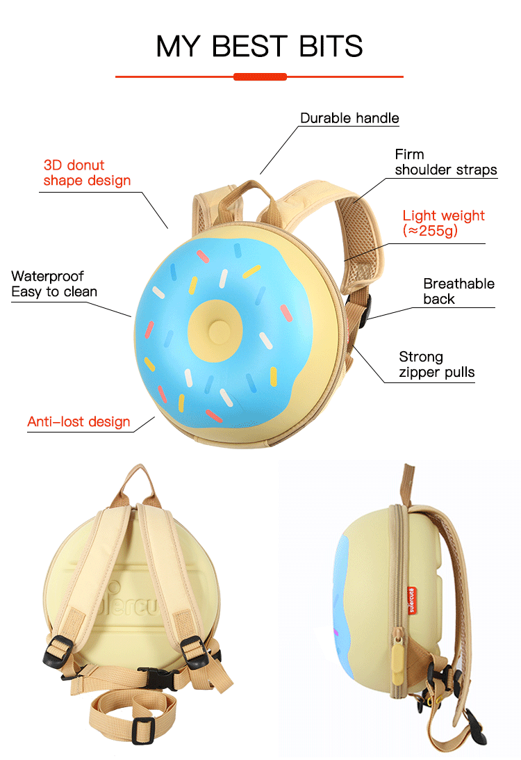 Custom Toddler Backpack Cartoon Doughnut Design Anti Lost Backpack Kids Schoolbag
