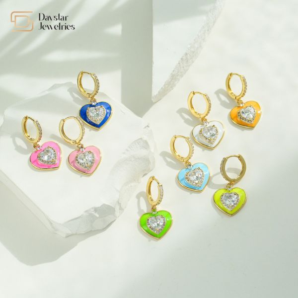 Heart Diamond 14K Gold Plated Jewelry Colorful Enamel Pendant Earrings
