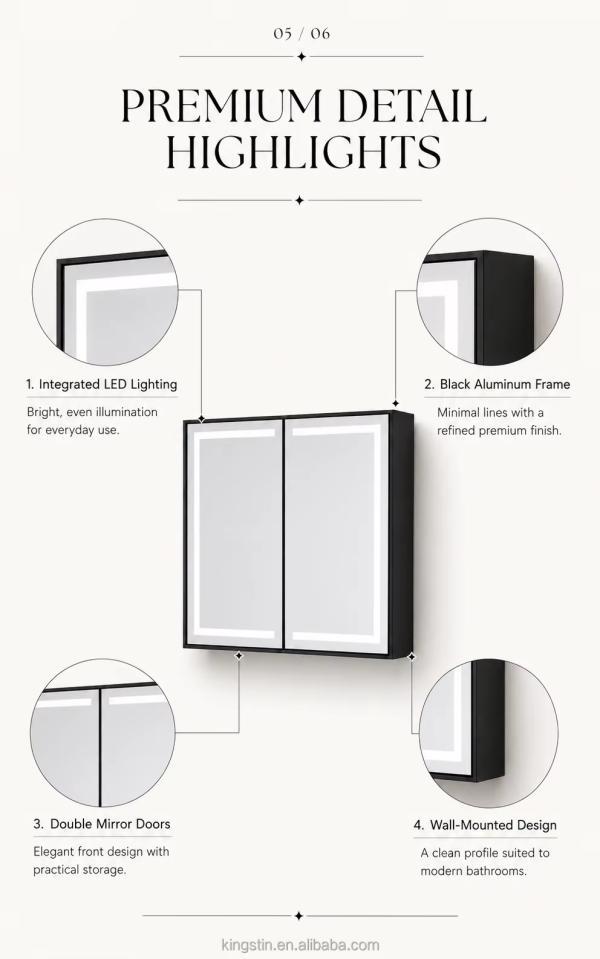 Kingstin Luxury Customizable LED Bathroom Mirror Cabinet with Anti-Fog Dimmable Light & Adjustable Storage Matte Black