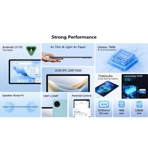 Kinstone 10.95 inch Andriod 15 Tablet PC 7500mAh, 4G Calling Tablet, 6GB+128GB