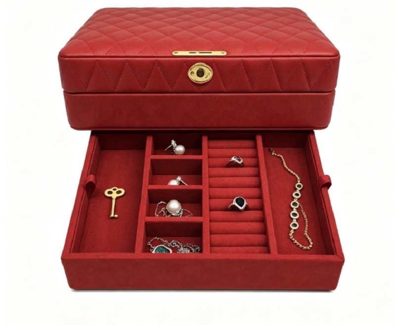 Luxury Red Quilted Leather Jewelry Box with Lockable Design and Velvet Lining Organizer