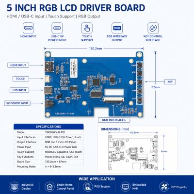 5 Inch HDMI Driver Board 40 Pin RGB Controller Board With Type C 5V Power Input Display Driver