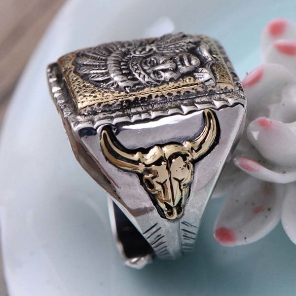 Men Antique Indian Chief 2 Tone Golden Sterling Silver Ring (058843)