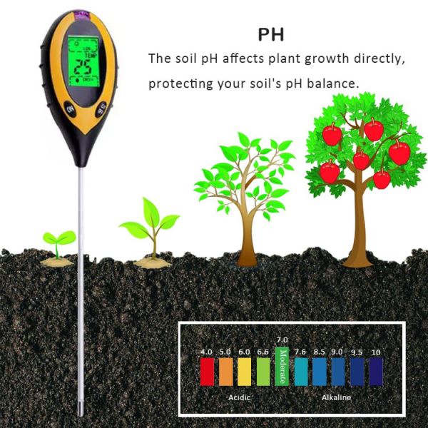 LCD Display Digital 4 in 1 Soil PH Meter with Temperature Moisture Sunlight Tester