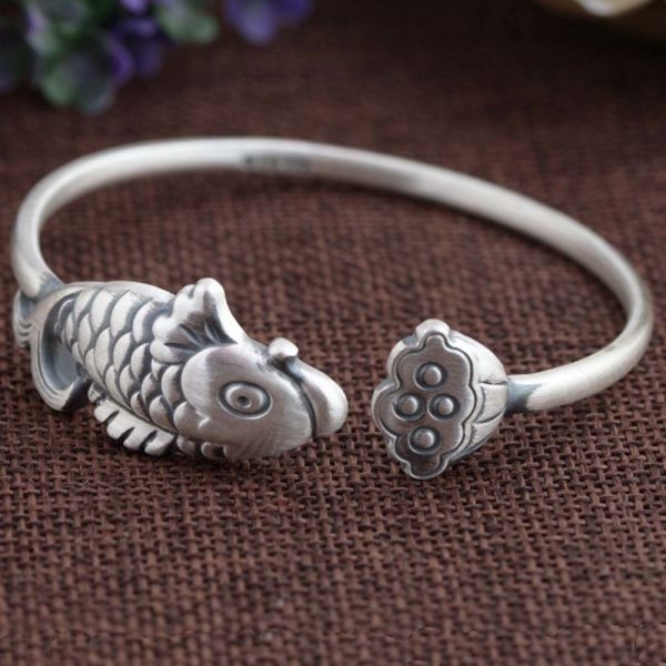 Sterling Silver Fish Design Engraved Retro Cuff Bracelet for Women (SZ0309)