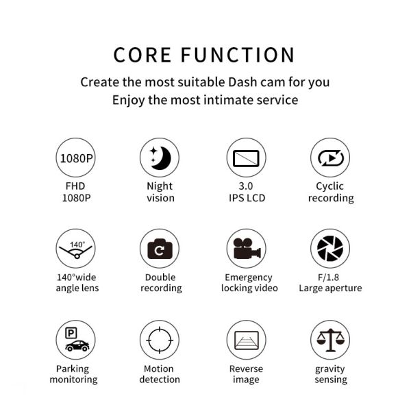 1080P 170 Degree HD Rear Camera 30fps Dash Cam Wide Angle 12MP 2 Inch Screen