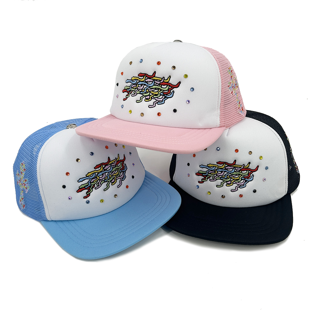 Trucker Foam Mesh Snapback Hat Embroidery Rhinestone Blank Cap Flat Brim Adjustable Breathable