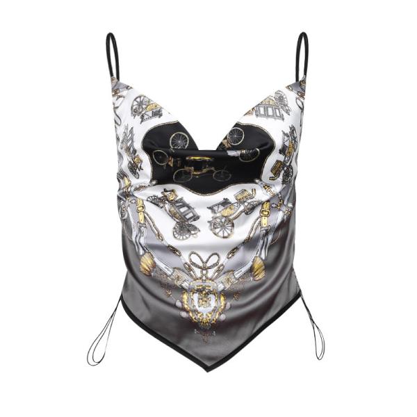High Street Casual Wear Women Crop Top Printed Hem Sharp Angle Show Back