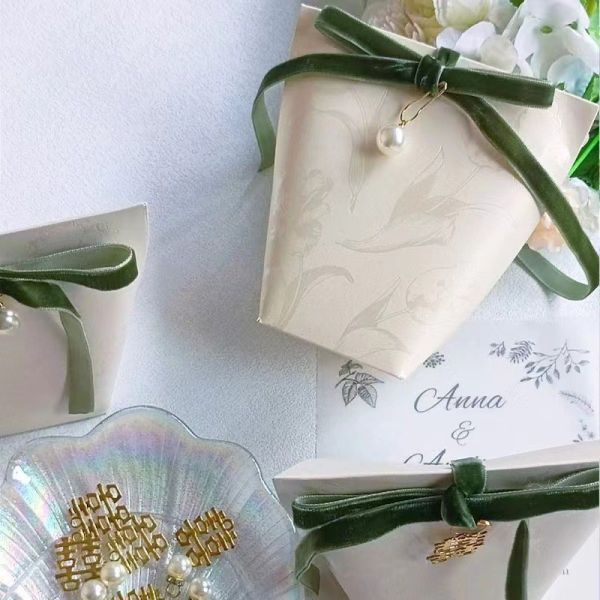 Custom French Wedding Gift Box with Gold Foil and Green Ribbon