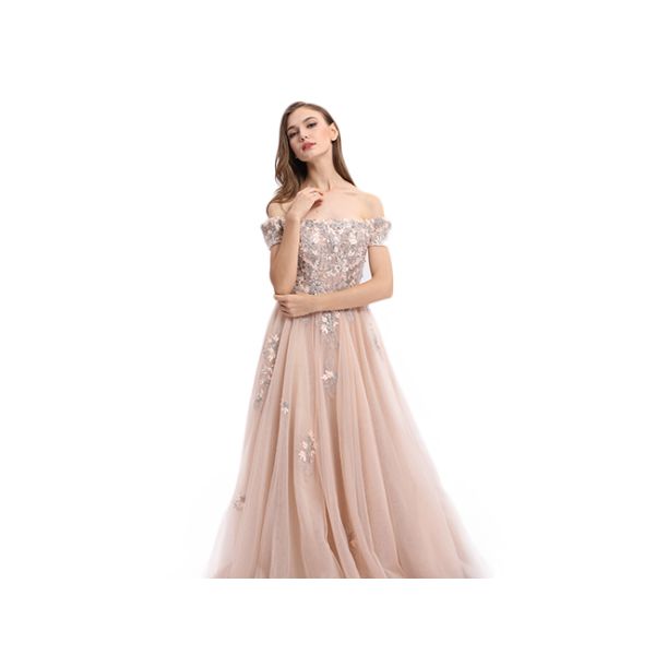 Short Sleeve Off Shoulder Muslim Evening Dress Floral Decor For Wedding Party