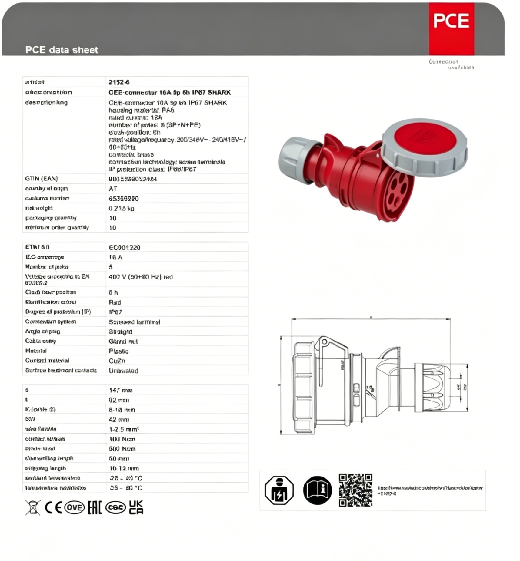 PCE Industrial Waterproof Plug with Socket Butt-type Female Welding Connector 380V-16A-5 Core IP67 Plastic Standard Grounding