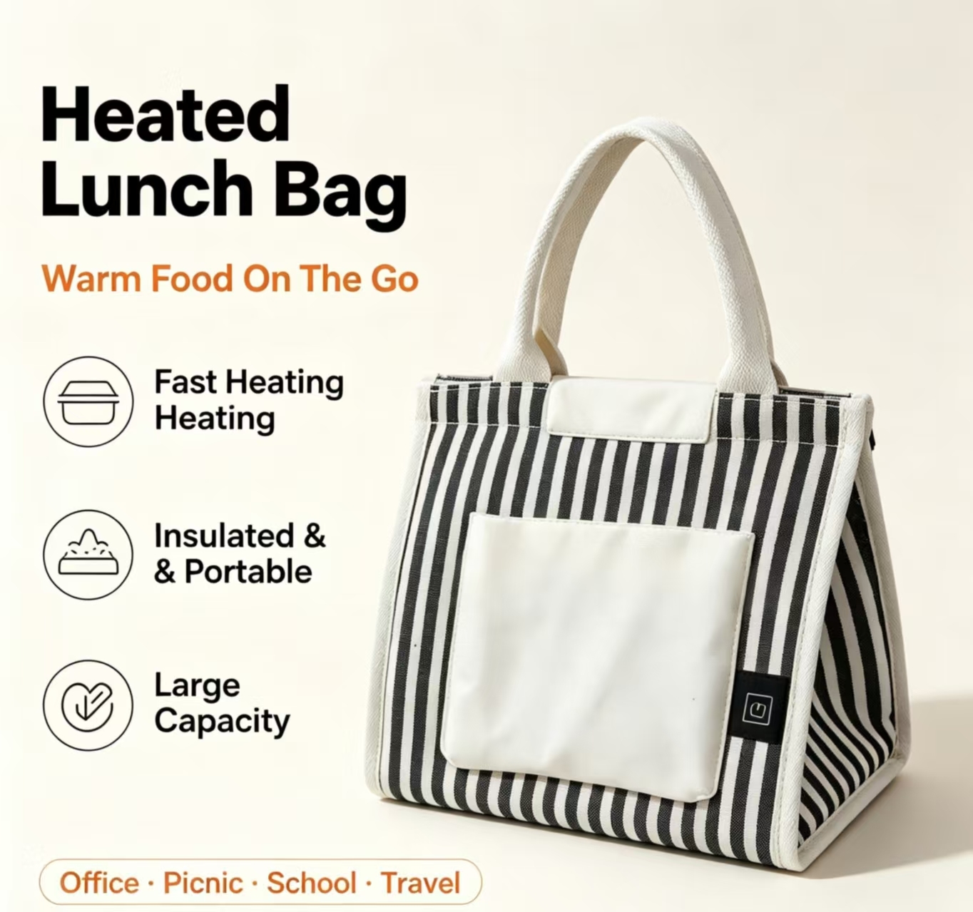 Portable Heated Lunch Bag USB Powered, Rapid Heating Electric Food Warmer with 3 Temperature Modes, Lightweight 0.295KG Thermal Tote for Office, School & Outdoor