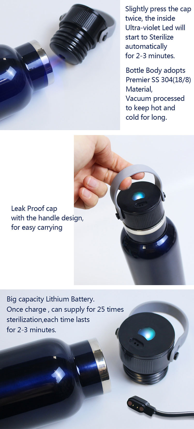 Gobelet isotherme en acier inoxydable stérilisé aux ultraviolets (UV) personnalisé, avec poignée, pour sports de plein air, bouteille à large ouverture, gobelet isotherme stérilisé par le fabricant