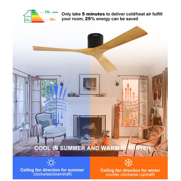 3 lâminas Ventilador de teto de madeira com controle remoto Motor DC silencioso Alta velocidade