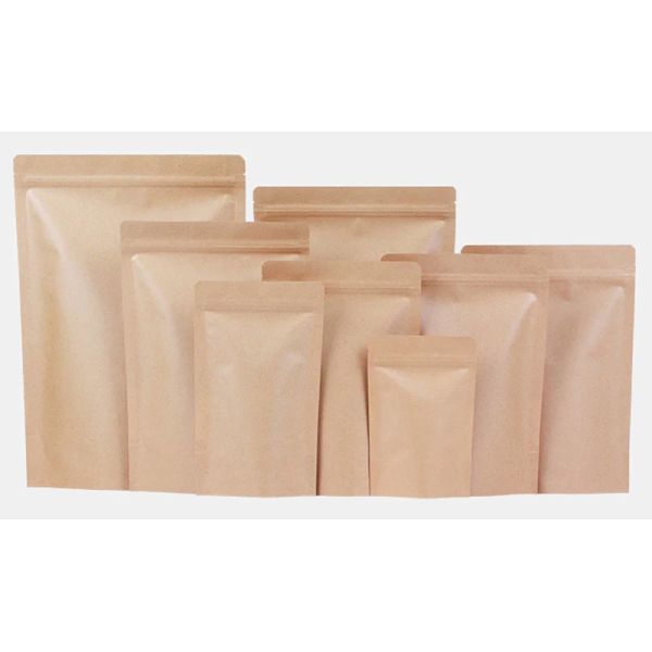 Stand Up Brown Kraft Resealable Paper Pouches For Food Packaging