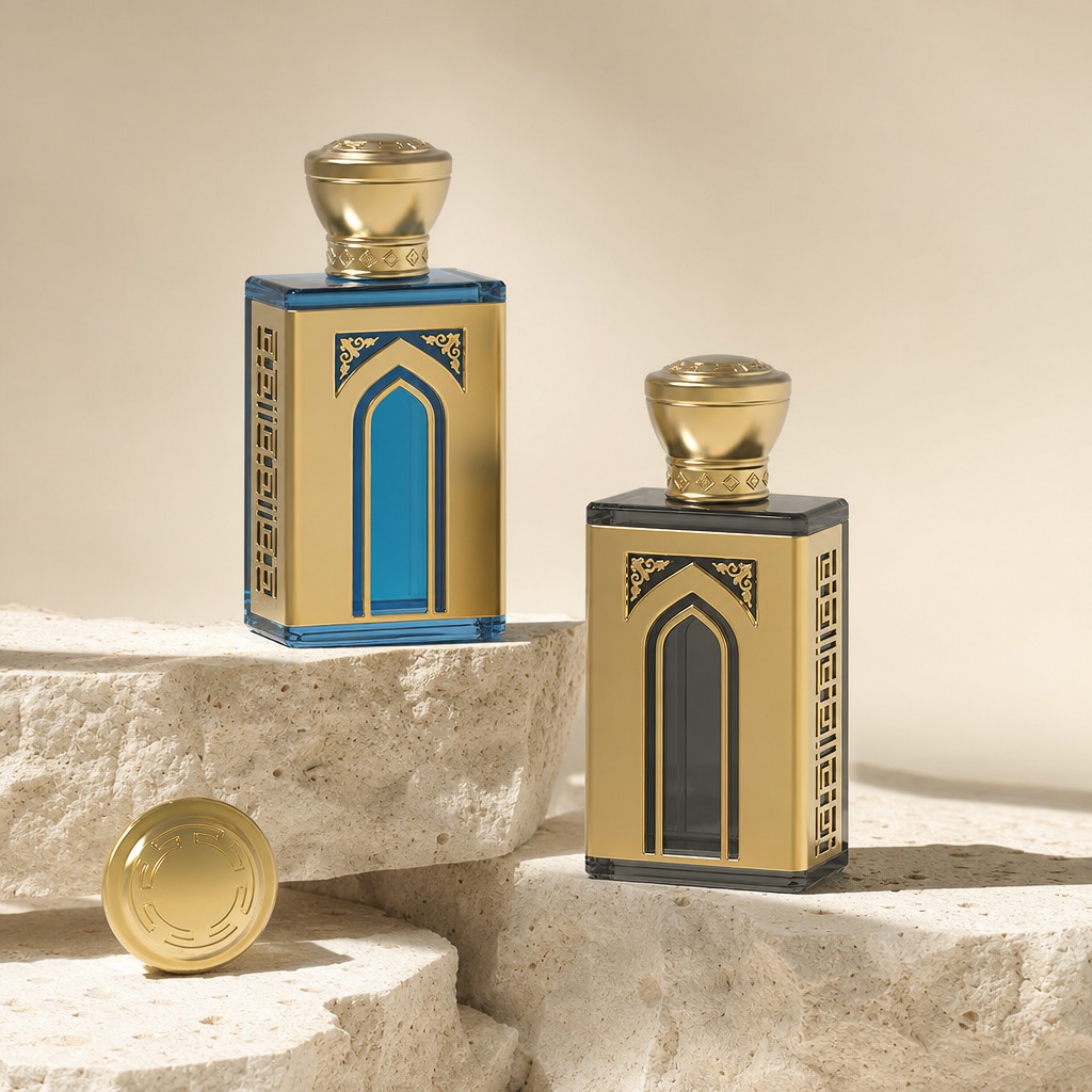 100ml Glass Perfume Bottles Unique Rectangle Dome Metal Cap Empty Spray Crimp Neck