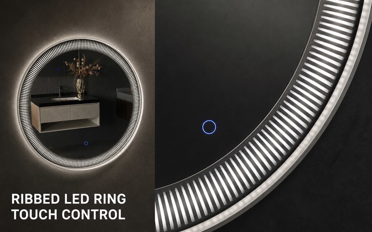 Round Textured Frame LED Bathroom Mirror with Touch Sensor Switch and Dimmable Light in Copper-free Silver Mirror