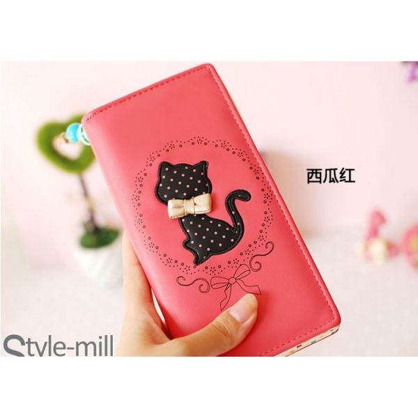 New Korean cute cat print bow candy-colored Japanese girls wave point zipper long wallet