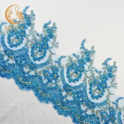 Decoração azul da guarnição do laço da forma da roupa lindo um comprimento de 1 jarda com pedras