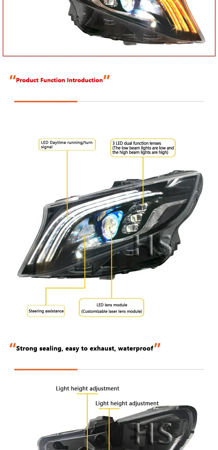 Сборка фар для Mercedes Benz VITO V Class 2016-2020 Ретрофит Maybach DRL LED Свет Желтый Поток Поворота V260