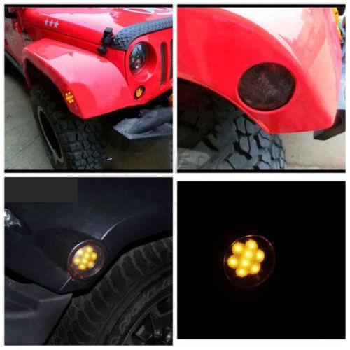 IP 68 Jeep Wrangler Headlights , 2x Smoked LED Front Fender Flare Turn Signal Side Marker Light