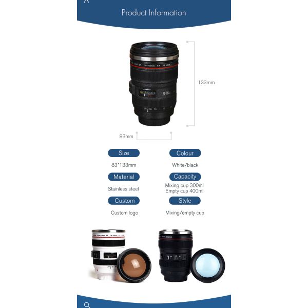Creative Double Wall Stainless Steel 400ml Camera Lens Shape Coffee Mug Travel Bottle