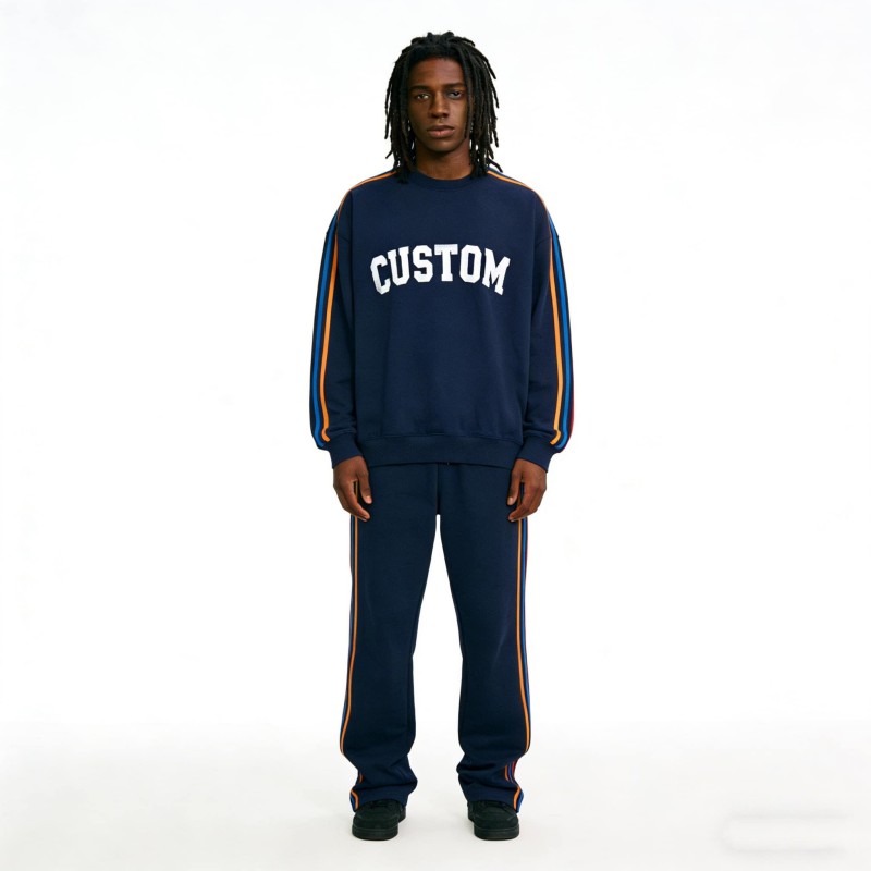 Custom Heavyweight 100%cotton Side Stripe Crewneck Tracksuit