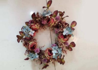 Anti UV 55cm Rose Maple Artificial Autumn Wreath With Blue Flowers
